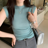 显高J 显瘦打底T恤上衣2024夏 背心女修身 韩国ins新款 半高领无袖