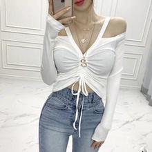 性感乳白色露肩吊带长袖 T恤AZ102囡ue 短款 正品 韩国女装 好看炸了