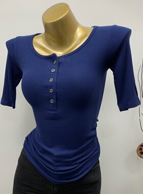 被好身材圈粉！2020夏新款女性感复古藏蓝色单排扣T恤上衣韩国ins