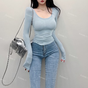 T恤打底衫 领型绝绝 基础百搭性感大U领显身材羊绒长袖 净版 女 秋季