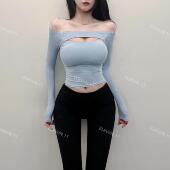 漫画胸 上衣 高级百搭性感打底衫 纯欲复古一字肩镂空长袖 t恤女春季