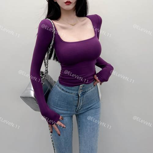 带胸垫方领显瘦长袖上衣打底衫女