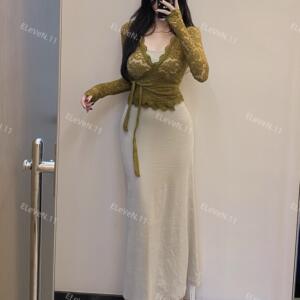 jue美~复古港风芥黄蕾丝套装秋冬新款开衫上衣搭吊带连衣裙两件套
