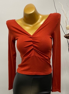 复古海蓝色短款长袖T恤chao好看性感低V领修身打底衫韩国ins2020