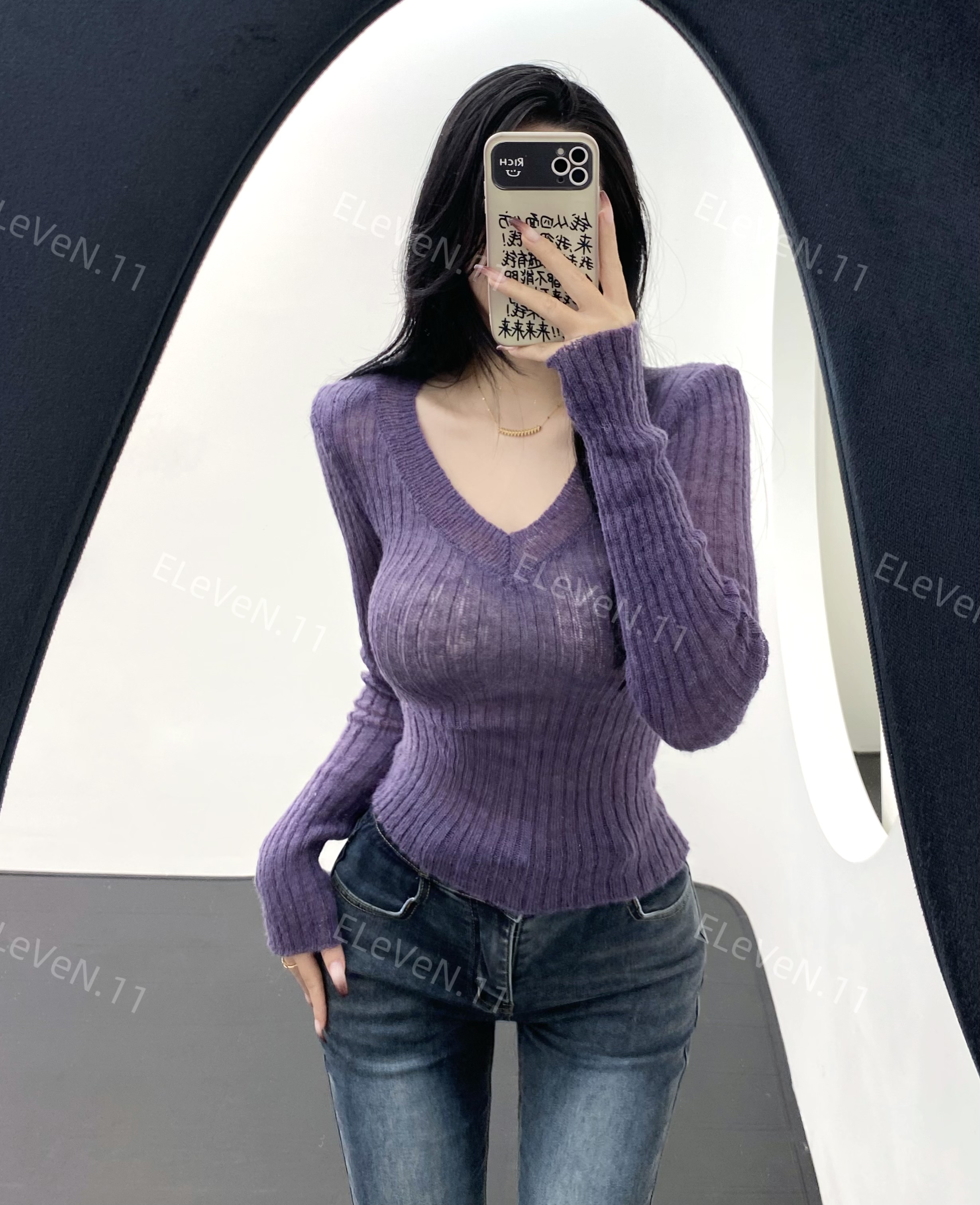 宽边V领针织衫长袖上衣女春内搭