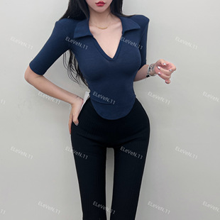 谁穿谁爱！韩国ins女小性感半开领坑条弹力螺纹打底衫中袖T恤上衣