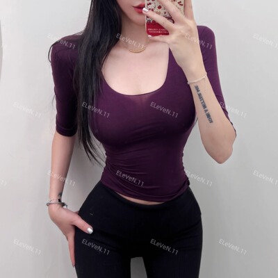 高透慵懒纯色基础款大U领短袖T恤