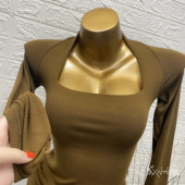 超好穿 T恤打底衫 韩国INS秋冬女装 复古深茶桔加绒性感一字领长袖