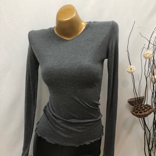 T恤2019秋冬新款 打底衫 复古碳灰色轻薄木耳边微透长袖 韩国ins女装
