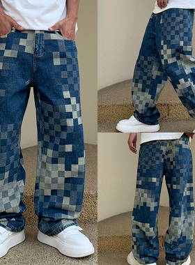 巴黎L/V马赛克棋盘格牛仔裤男轻奢潮牌直筒宽松夏季男裤格子裤子