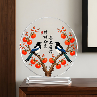 柿柿如意喜鹊水晶摆件客厅办公室橱柜装 饰乔迁开业礼物摆台工艺品