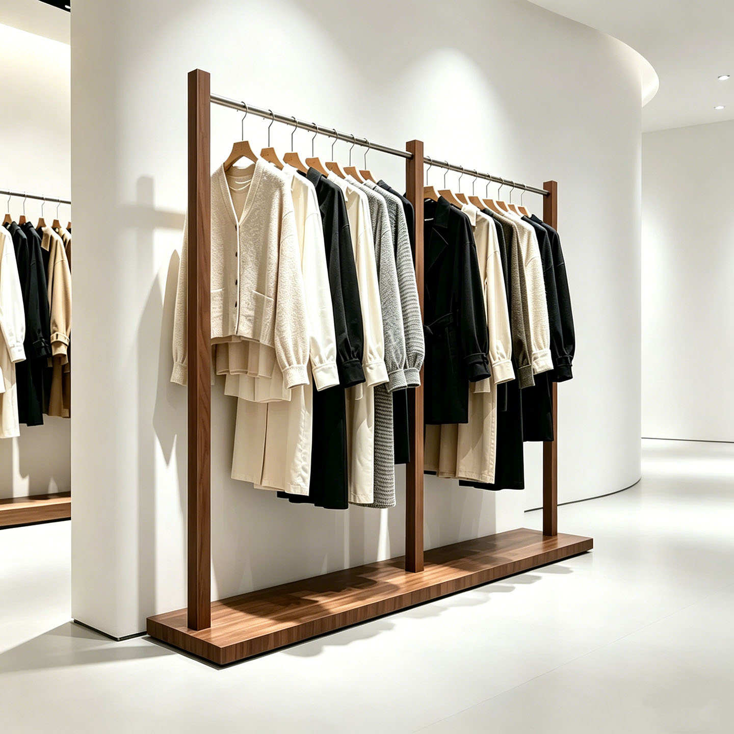 服装店不锈钢搭木纹色落地展示架