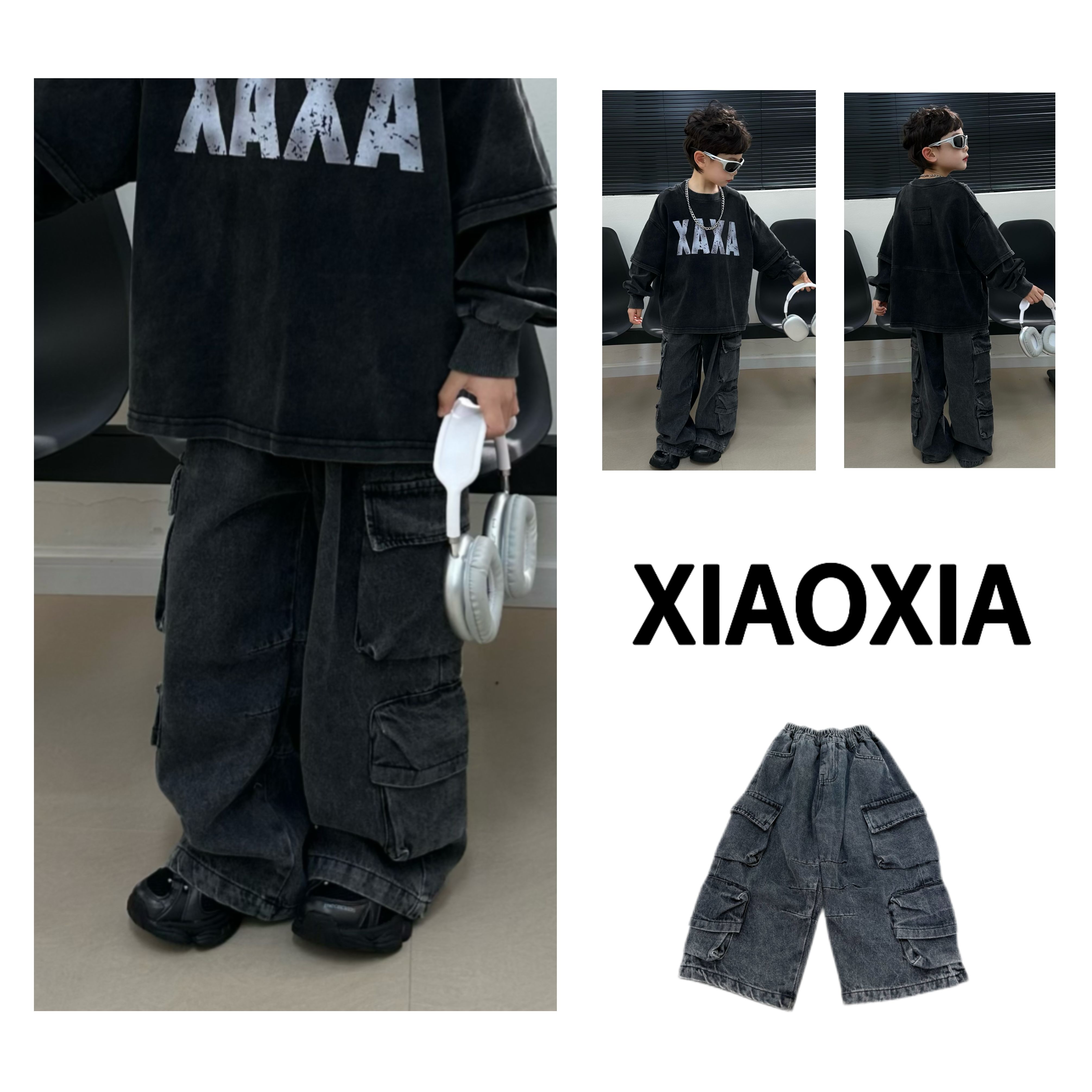 1880男童牛仔多口袋设计工装裤韩版耐磨耐穿宽松硬朗帅气儿童裤子