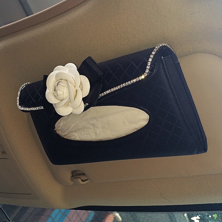 汽车山茶花纸巾盒车载遮阳板纸巾盒蝴蝶结镶钻抽纸盒车内用品创意