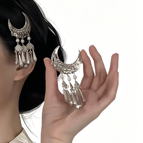银色月牙流苏发夹女民族风战国袍掩鬓发卡古风苗族汉服盘发头发饰