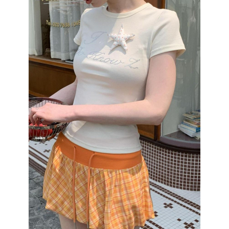 白色烫钻正肩短袖t恤女夏季设计