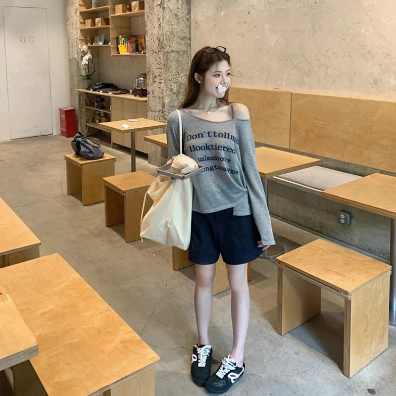 早秋慵懒chic休闲字母斜肩罩衫长袖T恤女夏甜美宽松显瘦百搭上衣