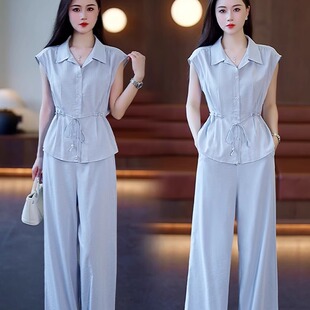 衬衫 时尚 上衣休闲两件套 洋气质收腰显瘦小飞袖 新款 套装 女2025夏季