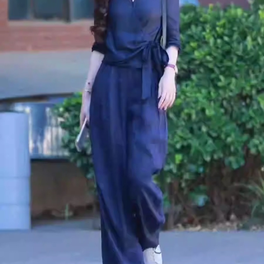 设计感V领衬衫上衣女夏季新款阔腿直筒裤休闲宽松显瘦两件套装女