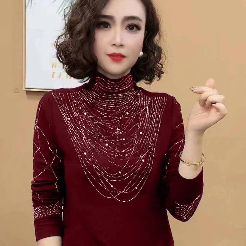 秋冬新款时尚洋气德绒长袖半高领百搭烫钻打底衫气质保暖内搭上衣