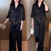 时髦洋气盘扣宽松显瘦阔腿裤 时尚 新款 女2025夏季 气质两件套潮 套装