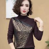 时尚 洋气百搭拼色豹纹秋冬款 长袖 2024新品 加厚保暖打底衫 女士上衣