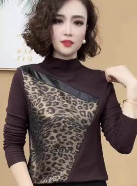 2024新品时尚洋气百搭拼色豹纹秋冬款长袖加厚保暖打底衫女士上衣