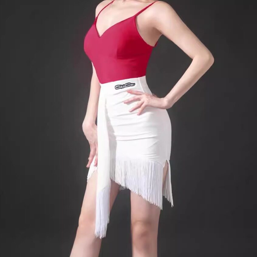 美辰舞服夏季新款拉丁舞练功服上衣白色网纱流苏半裙女装成人恰恰