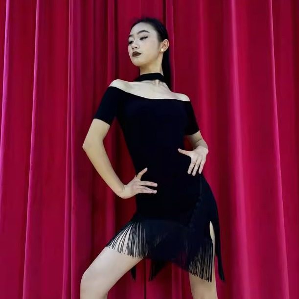 DZY春秋新款高端拉丁舞一字肩上衣女舞蹈练功服跳舞演出衣服分体