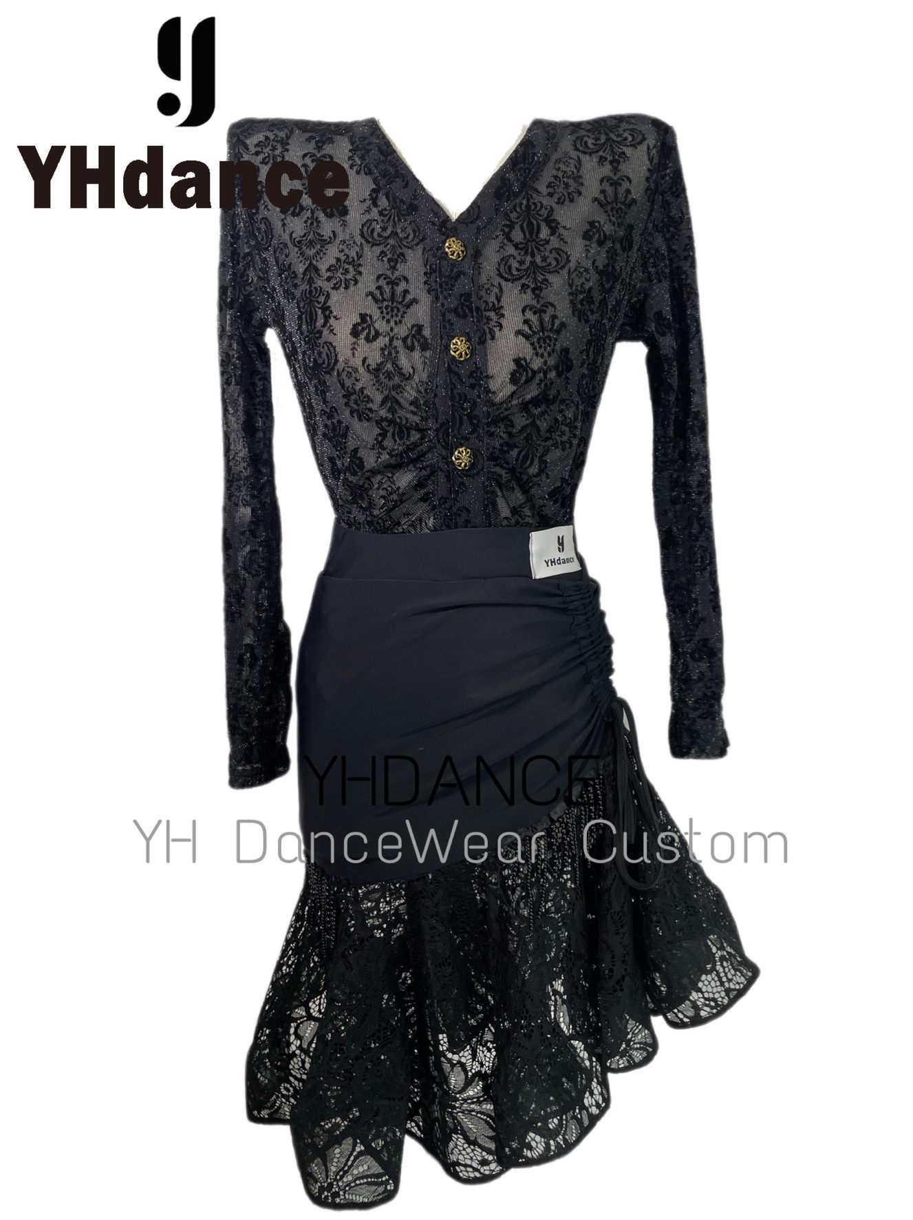 YHDANCE新款拉丁摩登长袖女V领复古网纱印花开衫上衣国标舞练功服