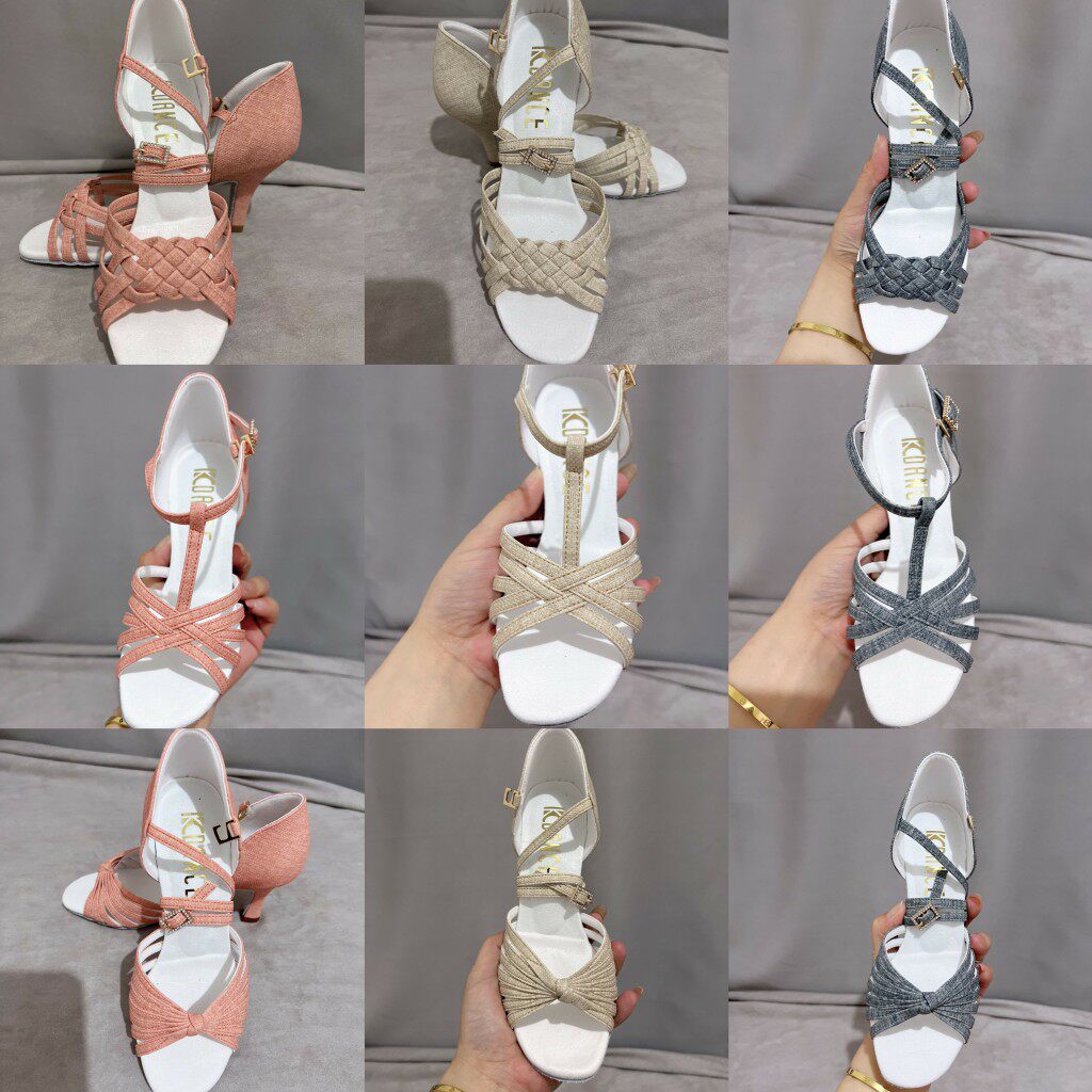 kc舞鞋拉丁舞鞋女平价初学者粉色米白色牛仔蓝七代一结T字带编织