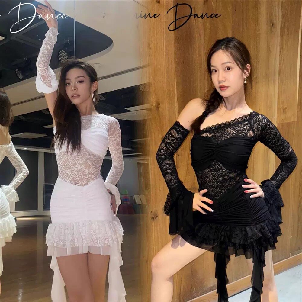 夏季新款成人拉丁舞服高级感黑白蕾丝上衣包臂蛋糕裙舞蹈练功服女