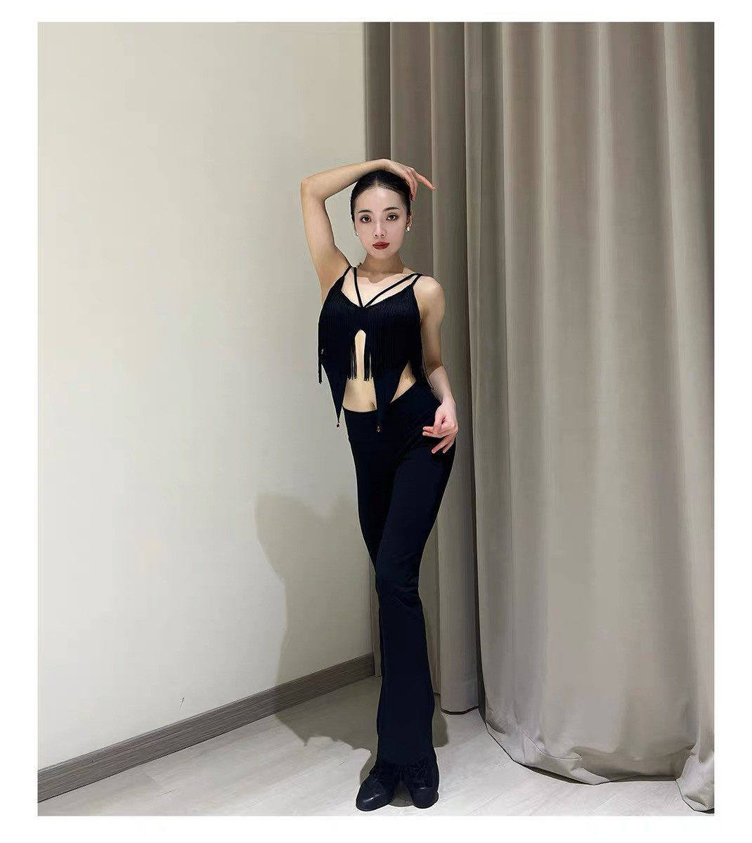 新款拉丁舞裤子舞蹈裤练功裤新款鲨鱼微喇叭裤女高腰国标舞长裤65