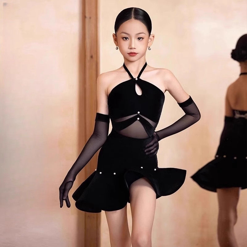 2025新款拉丁舞服夏季女童挂脖无袖上衣丝绒演出服手套练功服少儿
