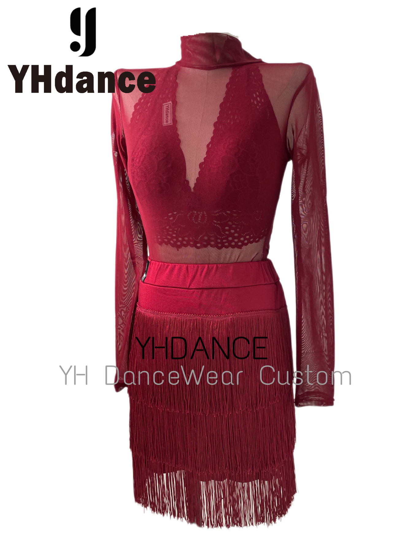 YHDANCE拉丁舞套装练功服女网纱连体上衣半身流苏裙专业表演服174