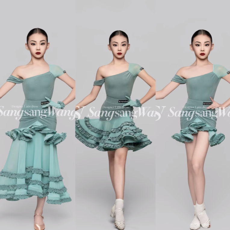 拉丁舞服同款女时尚上衣网纱高级练功服套装摩登表演裙女童套装