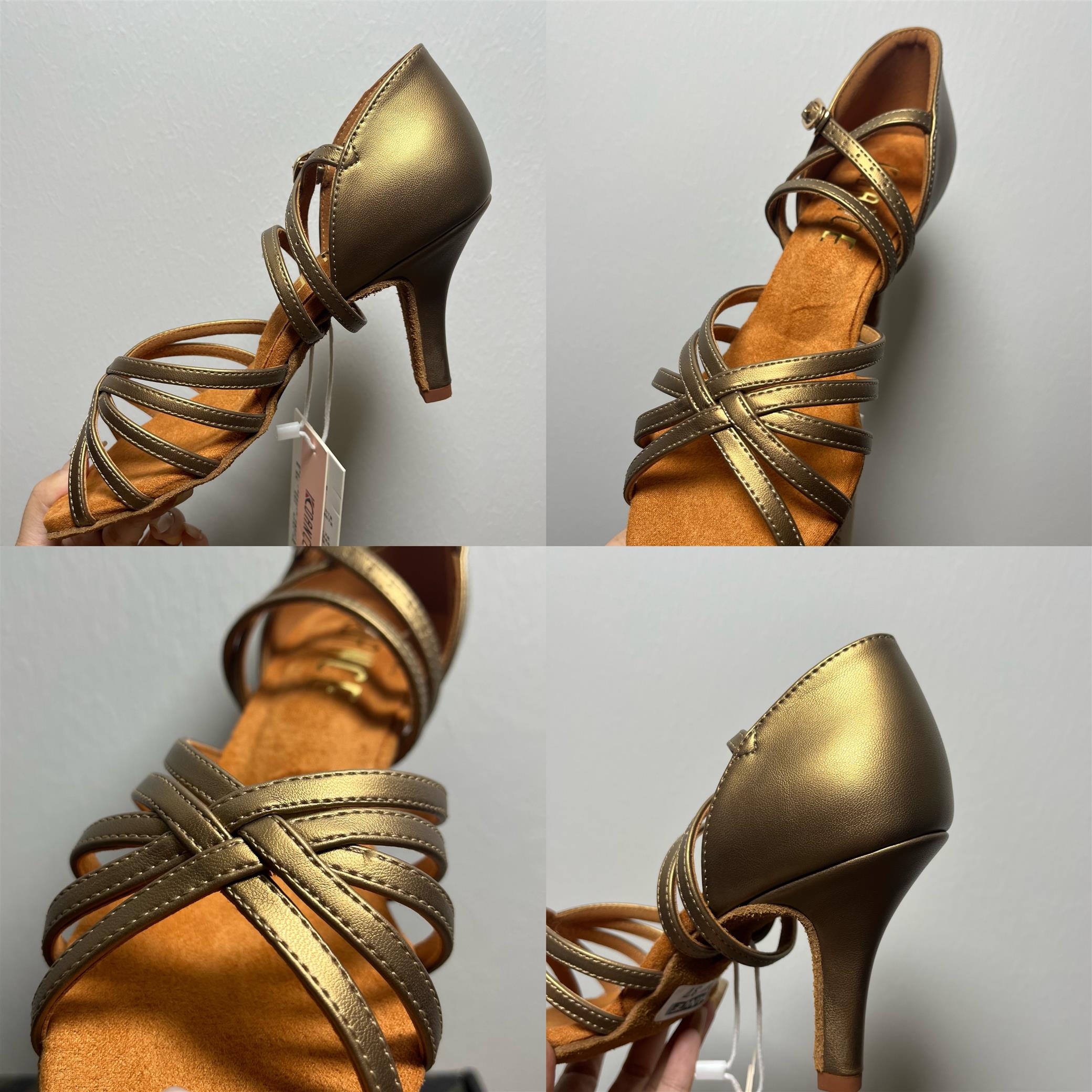 KC拉丁舞鞋 新款棕油色五带交叉款皮质中高跟软底艺考专用拉丁鞋