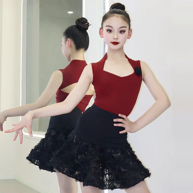 女童专业拉丁舞服2025新款高级感儿童练功服春夏季短袖红色气质风