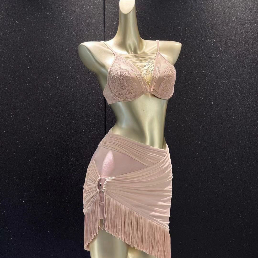 夏季新款拉丁舞服V领罩衫斜边圆环修身半裙日常练功舞蹈服三件套