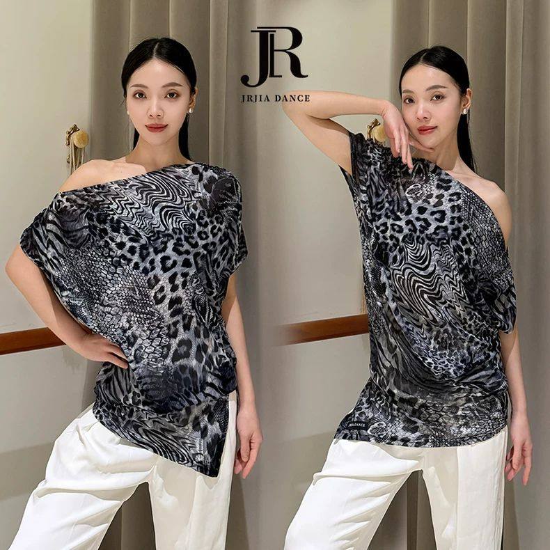 新款斜肩豹纹短袖拉丁舞上衣练功服夏季女国标舞服半身裙连衣裙