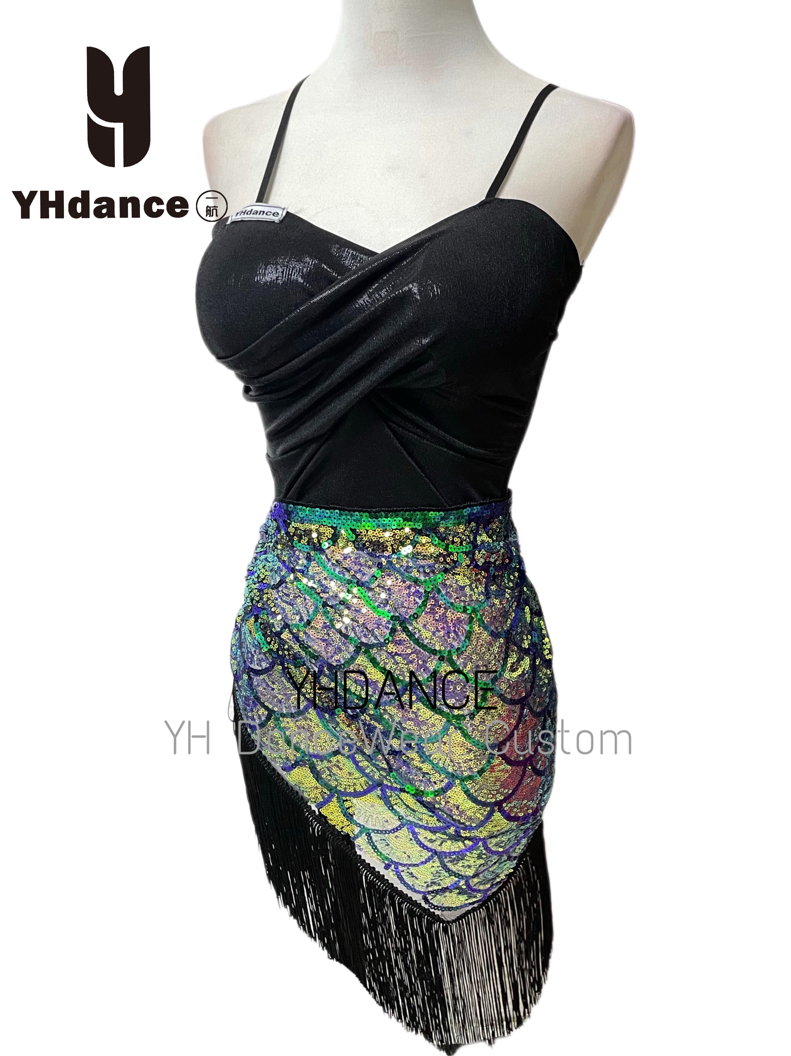 YHDANCE拉丁舞服人鱼姬美人鱼亮片流苏半身裙子女教课显瘦c416