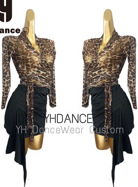 YHDANCE新款拉丁舞服女成人豹纹长袖豹纹网纱上衣半身裙套装C313