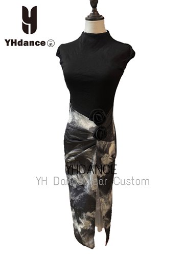 YHDANCE拉丁舞服摩登短袖黑色连体裙水墨画旗袍显瘦裙子包臀c452