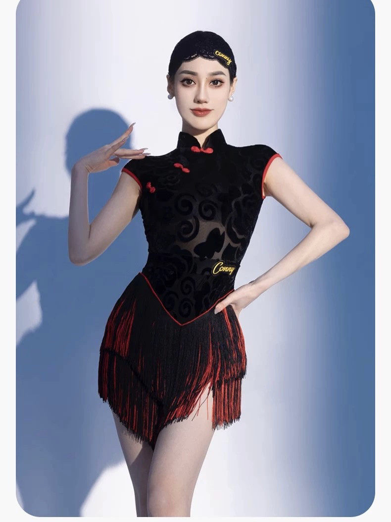 2025夏季新款女士拉丁舞服旗袍上衣气质表演服流苏短裙裙练功服