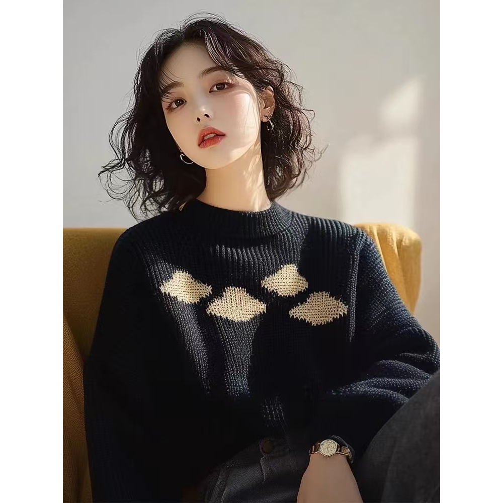 慵懒风高级感穿搭藏青色粗线毛衣女款2025新款秋冬季印花针织上衣