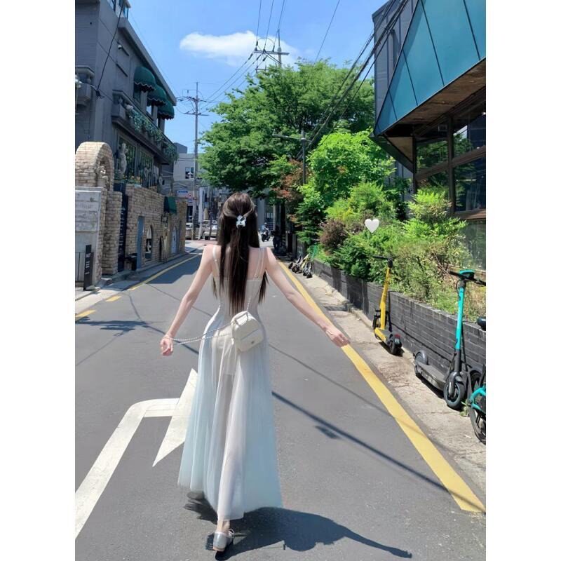 白水女人鱼公主 薄荷绿网纱连衣裙女新氛围感收腰显瘦裙子 有胸棉