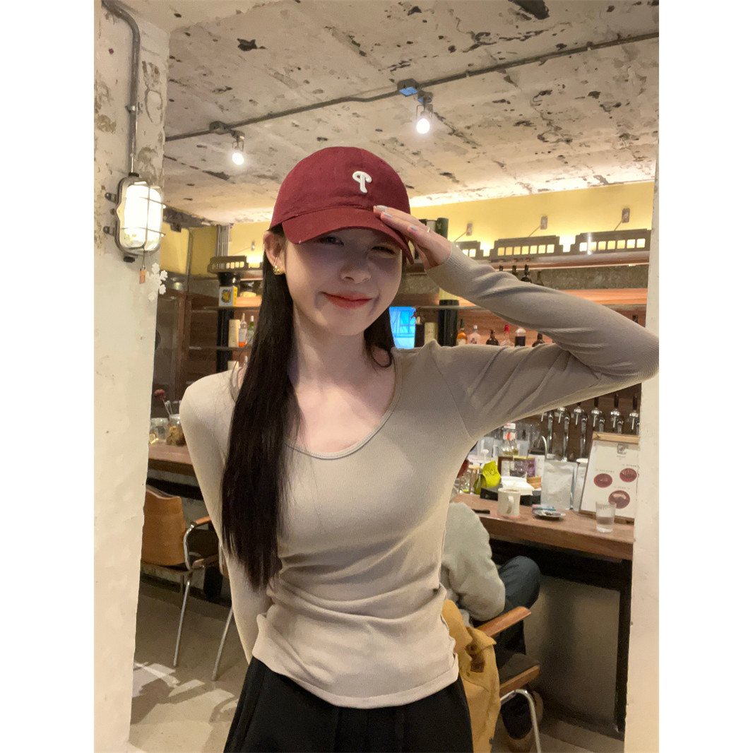 实拍实价~纯欲甜辣百搭正间修身长袖内搭V领上衣