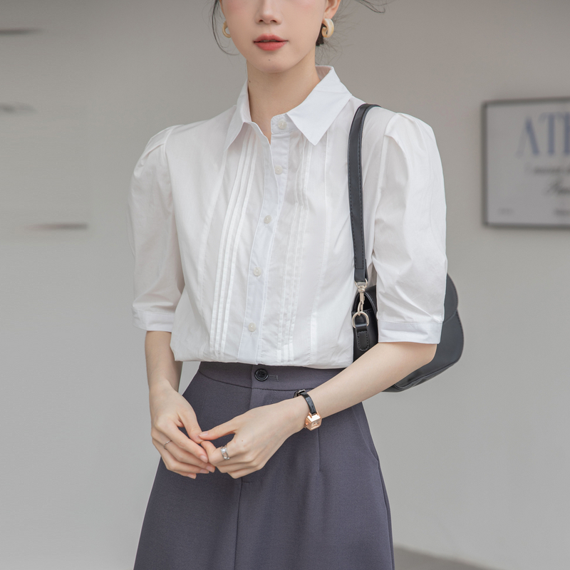 白衬衫女短袖抗皱职业夏薄款设计感小众高级正装泡泡袖法式衬衣