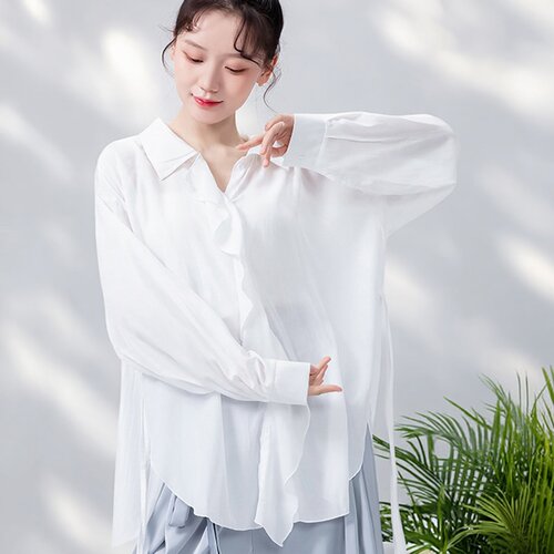 现代舞宽松荷叶边衬衫练功服长袖飘逸衬衣舞蹈服中国舞成人演出服