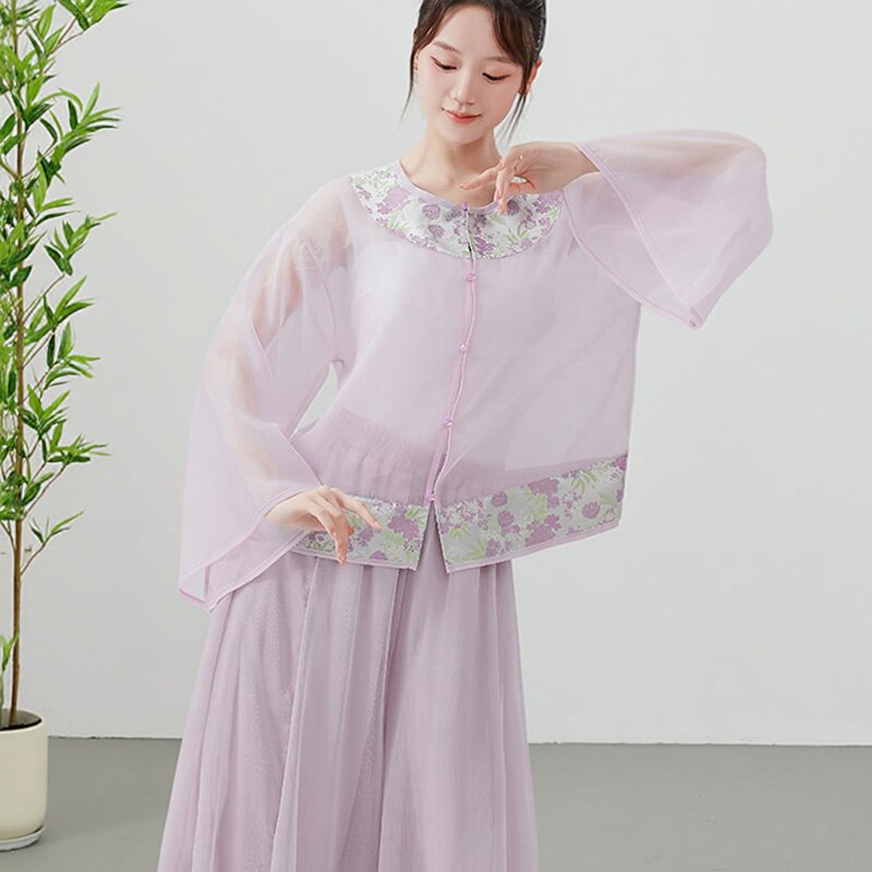 中国古典舞宽松印花罩衫新国风演出练功服上衣飘逸喇叭袖舞蹈服女